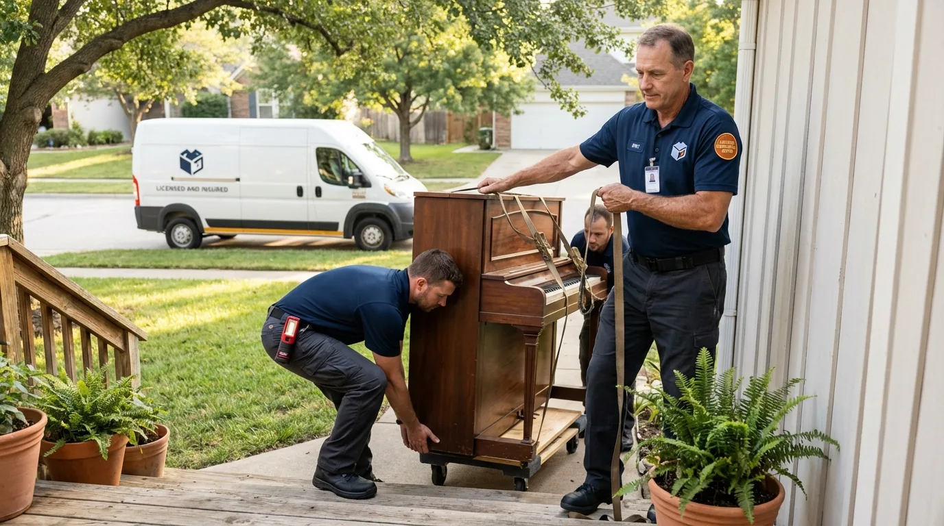 Licensed piano movers securing grand piano in Alexander City, AL