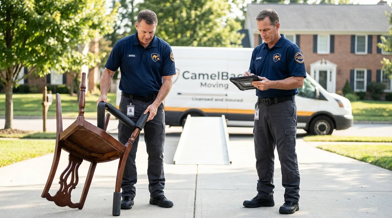 Movers inspecting furniture for damage prevention before loading in Alexander City, AL