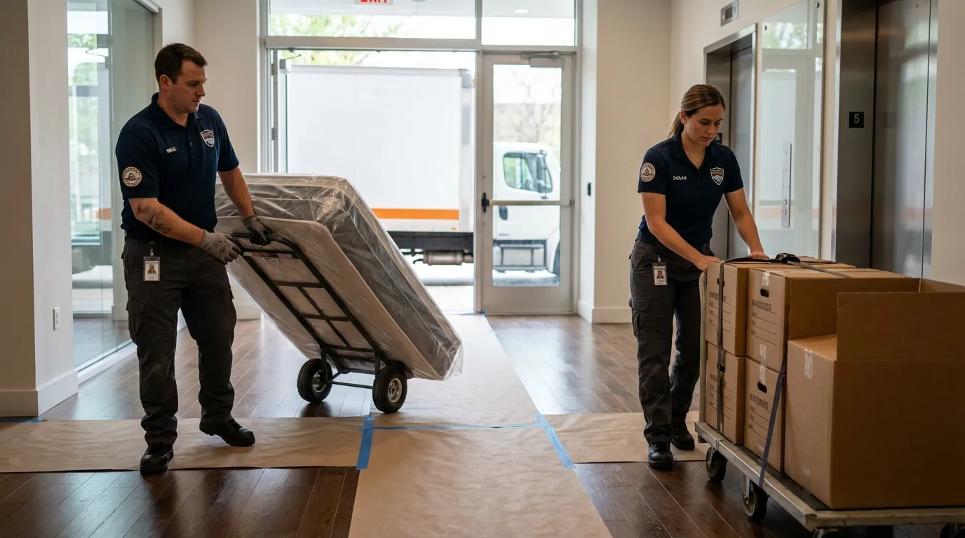 Professional apartment movers loading elevator in Alexander City, AL