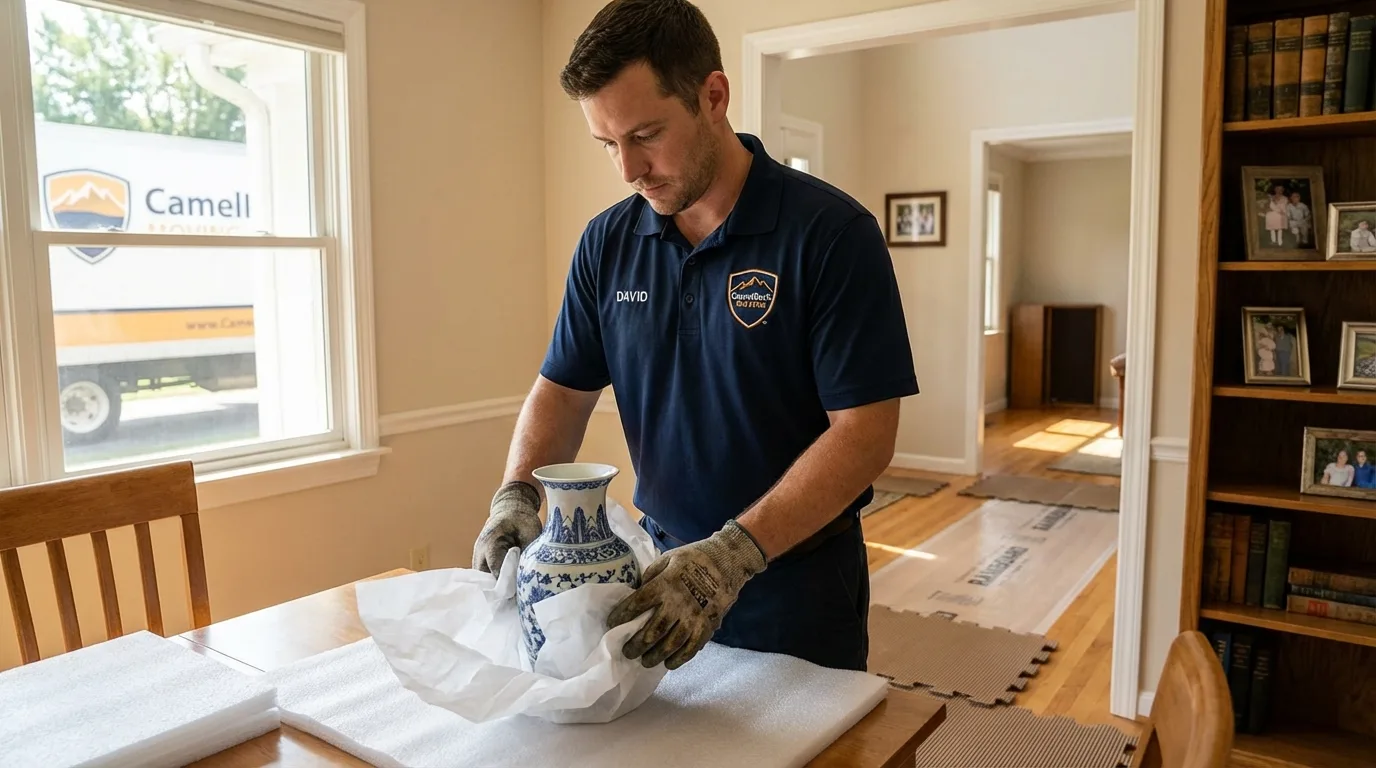 Professional crew carefully wrapping antique vase for senior downsizing move in Alexander City, AL